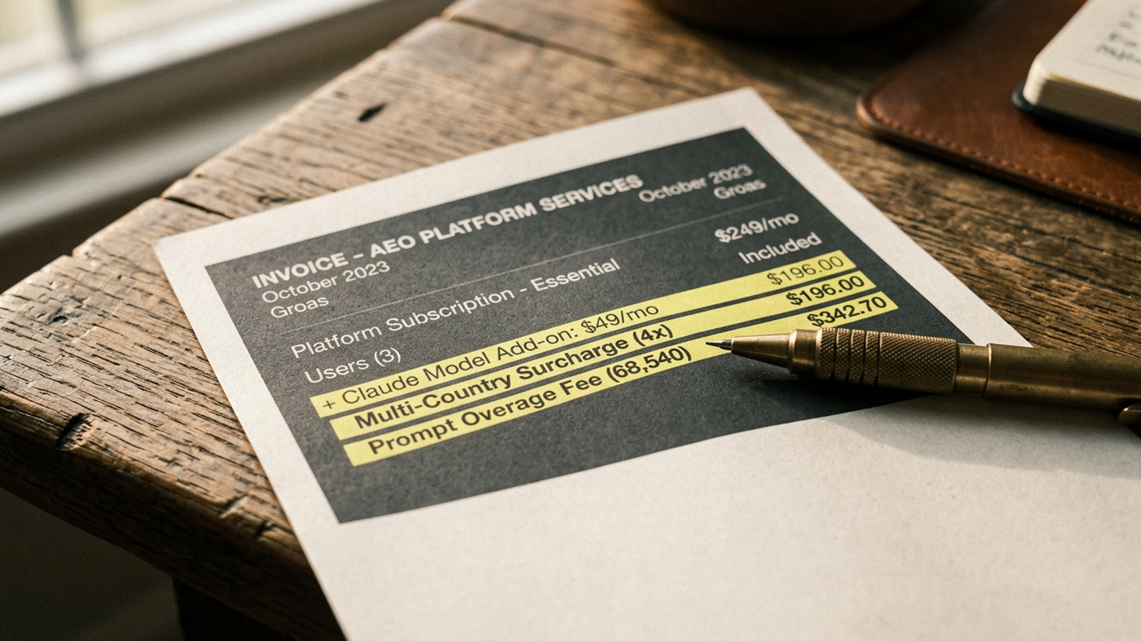 Editorial comparison card showing prompt limits and engine add-ons on an AEO software bill