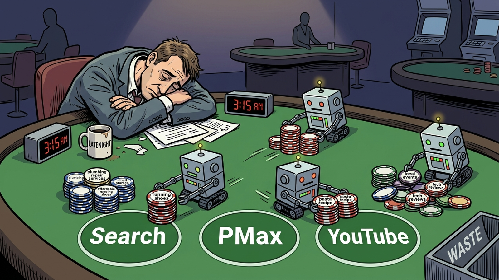 Cartoon of a tired media buyer watching robots move ad budget chips overnight