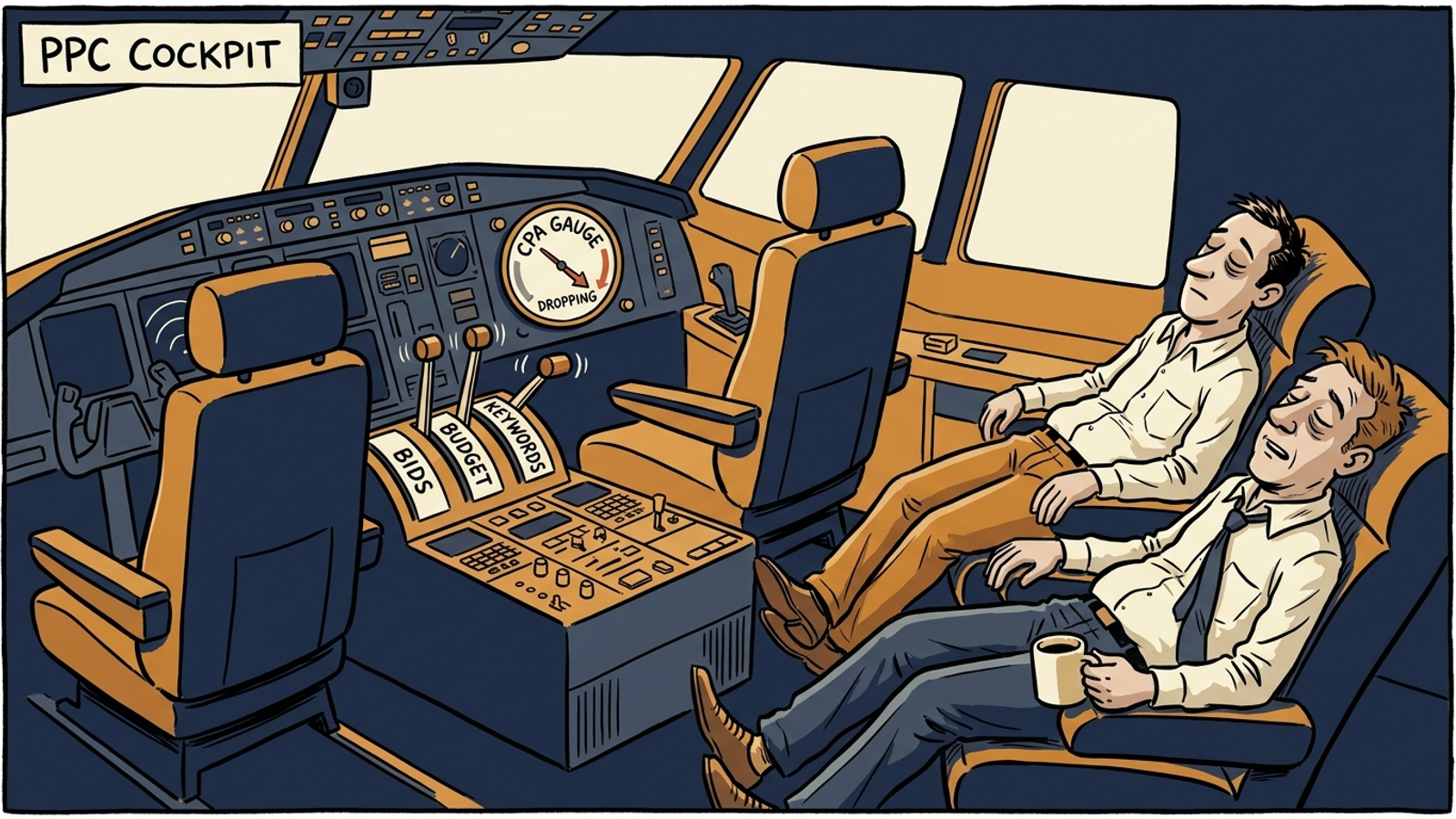 Cartoon of an empty airplane cockpit on autopilot while marketers watch from passenger seats
