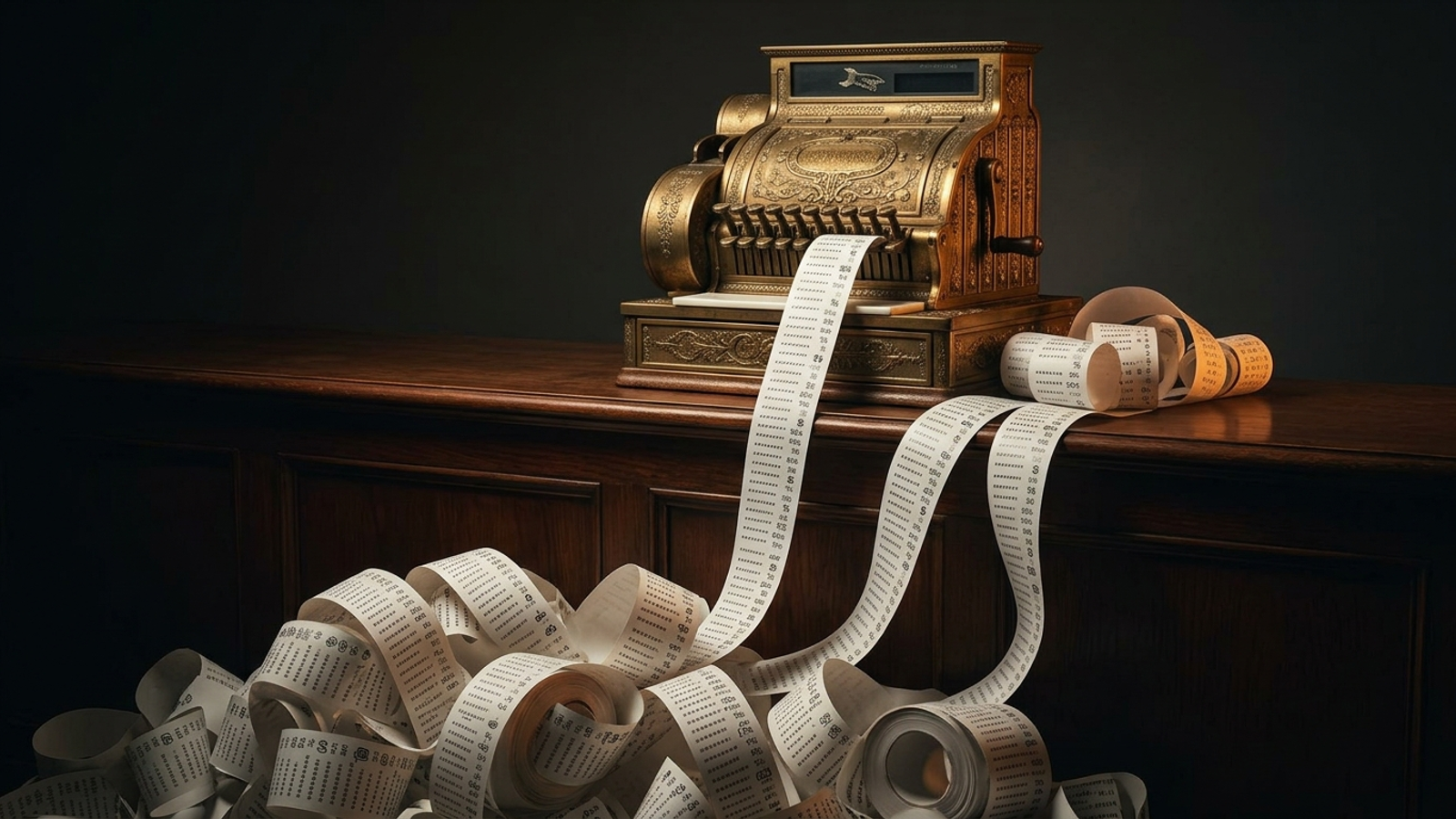 An endless receipt tape covered in tiny asterisks and surcharges spills from a brass cash register.