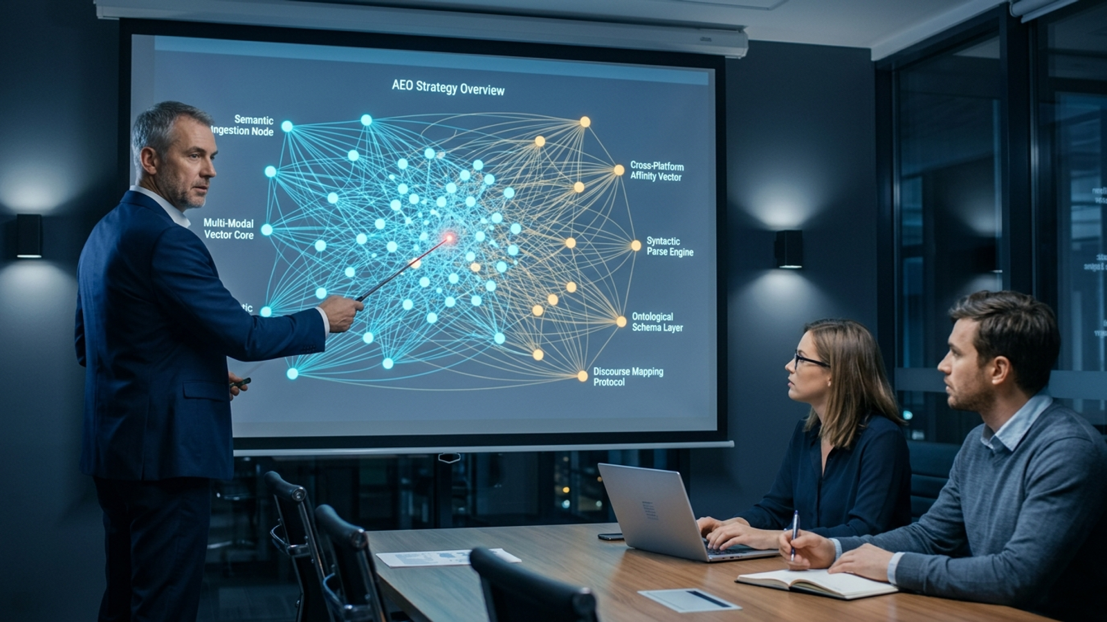A presenter points at a corporate slide filled with glowing, labeled network nodes.
