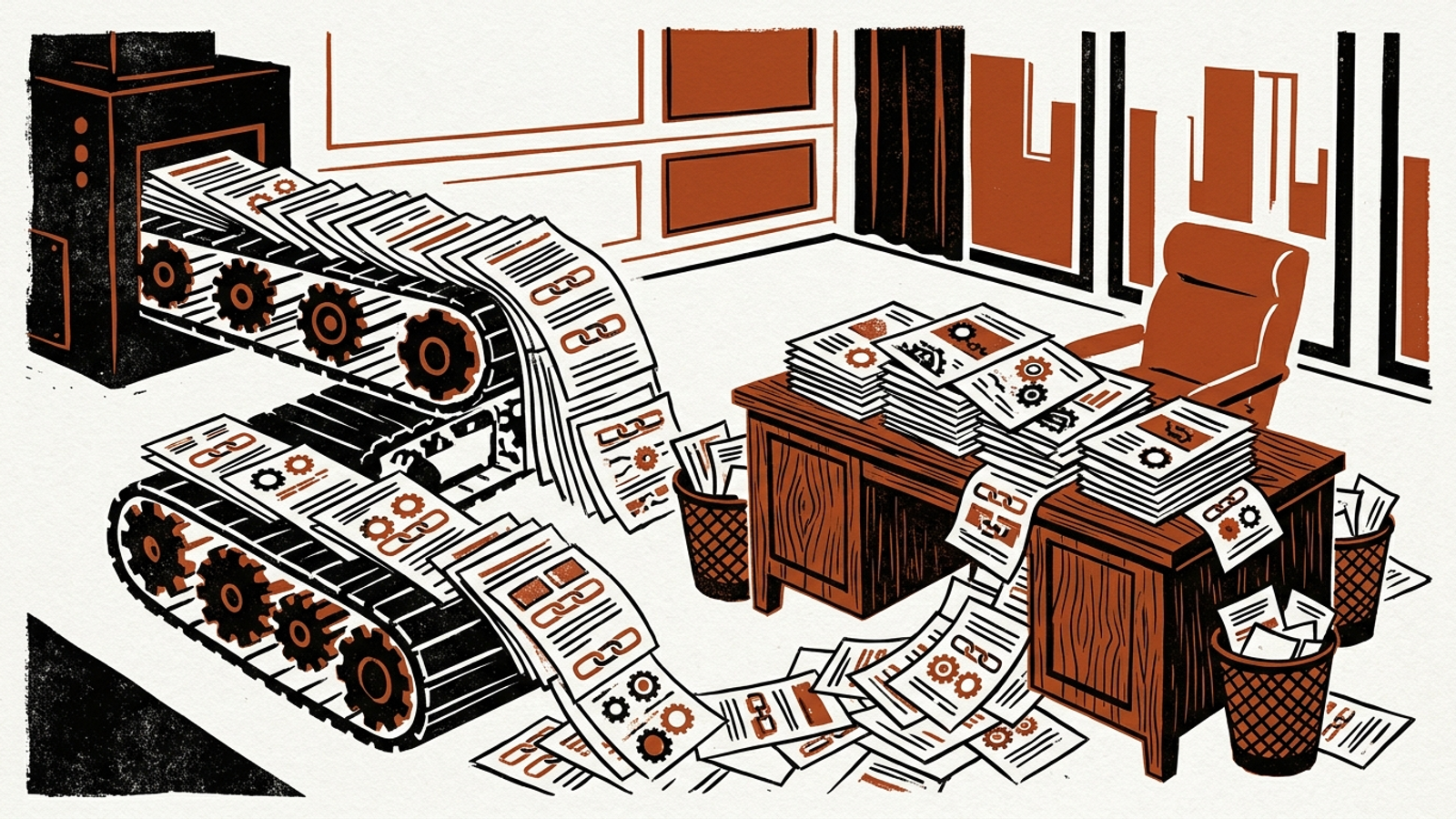 Linocut-style illustration of a robotic conveyor belt depositing stacks of identical papers onto an executive desk.