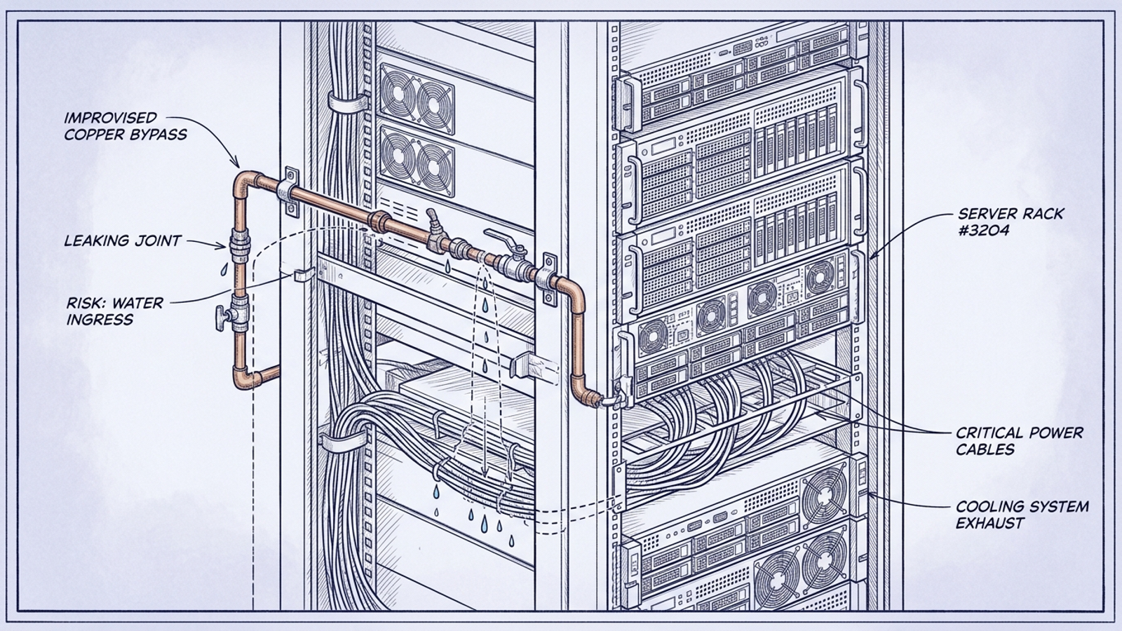 Vintage-style plumbing schematic showing an oversized bypass valve labeled PROXY leaking onto a server rack.
