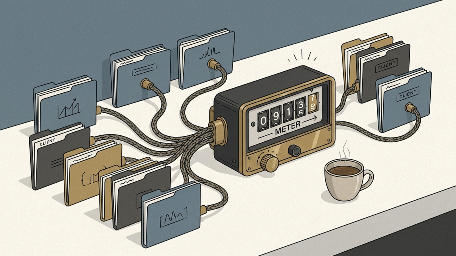A meter counts prompt costs beside a stack of client domain files.