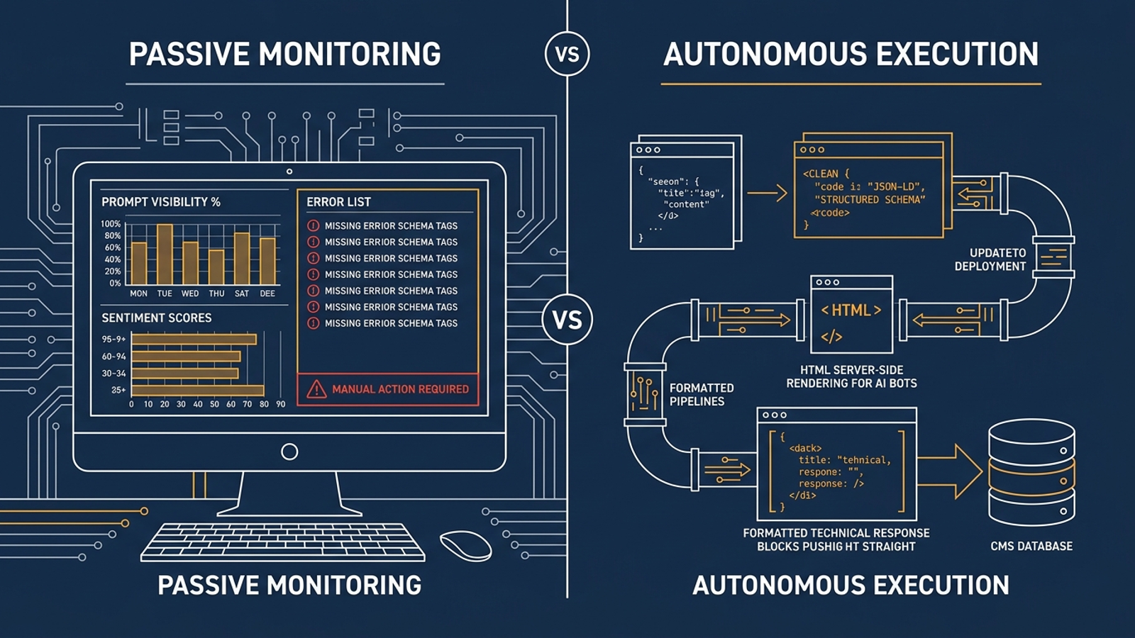 A diagram contrasts prompt-tracking data with automated CMS deployment.