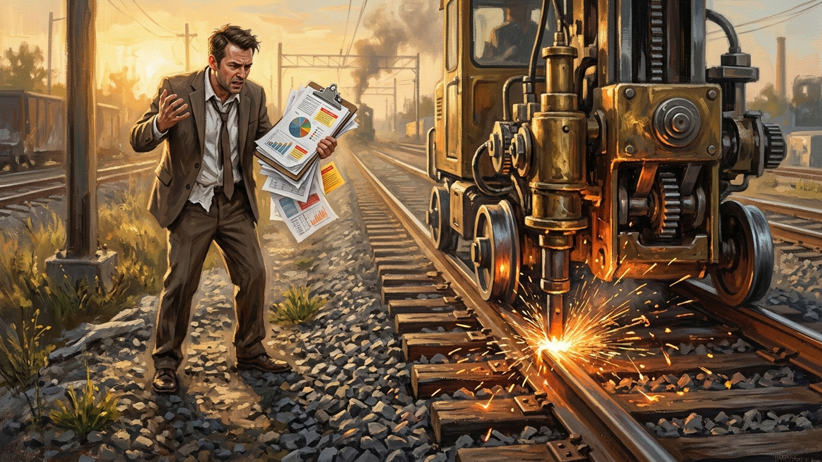 An automated machine repairs railroad tracks while a clerk holds a clipboard of charts.