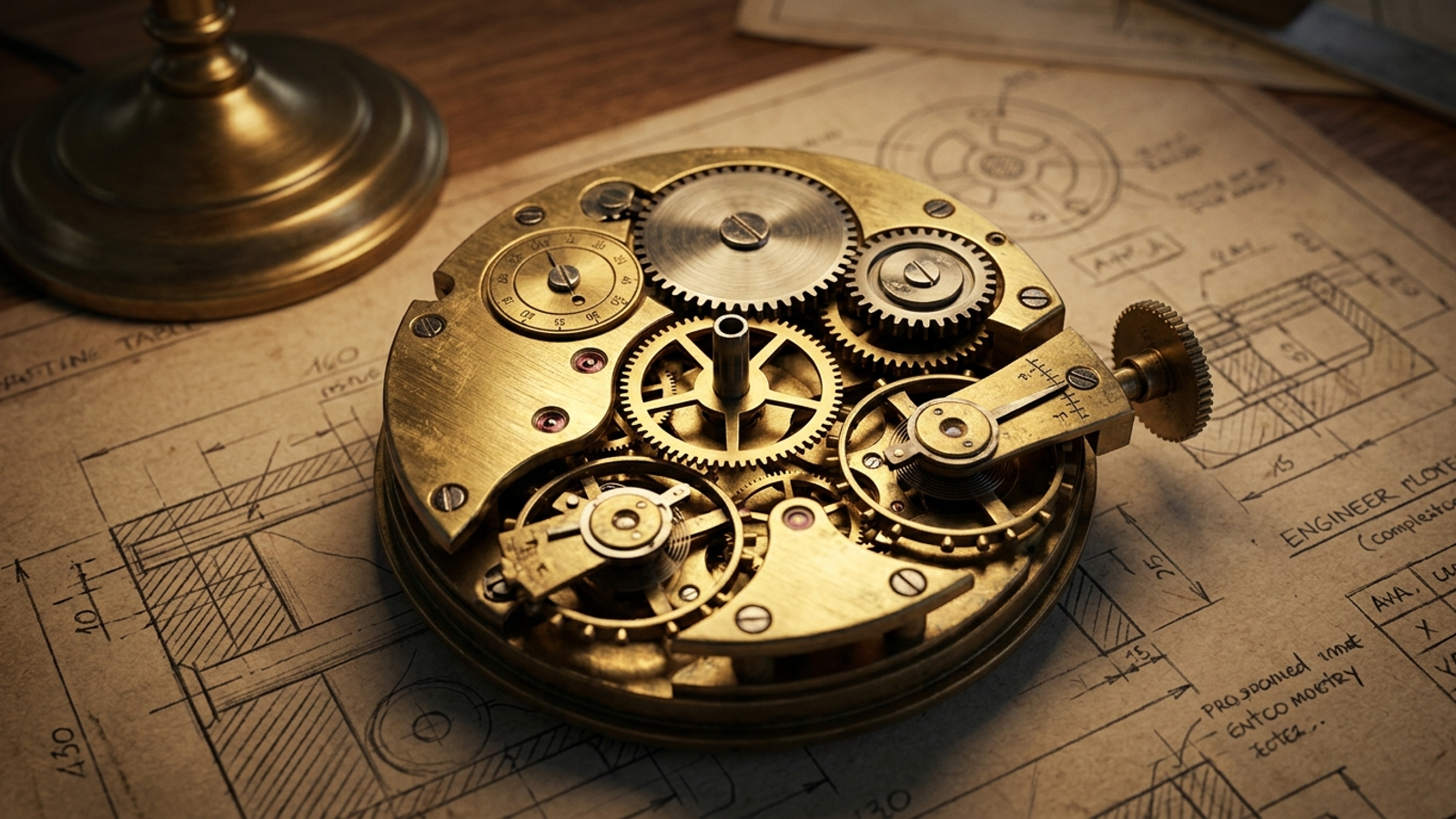 Brass clockwork gears on a drafting table with a missing gear leaving the mechanism disconnected