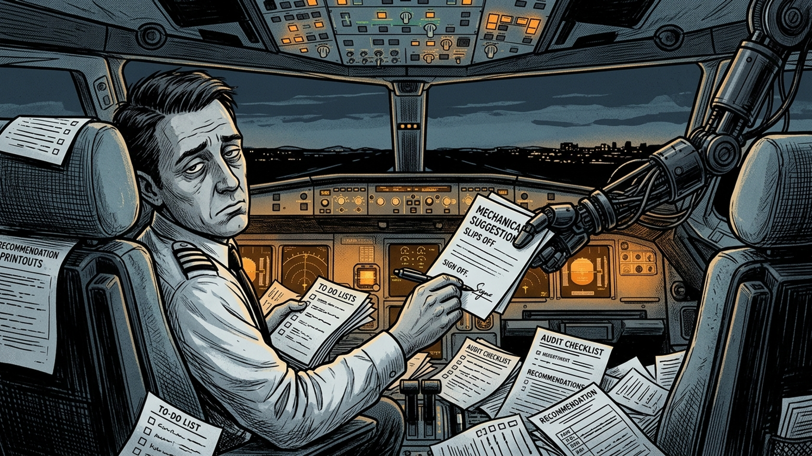 Cartoon pilot trying to fly while buried under clipboards of recommendations