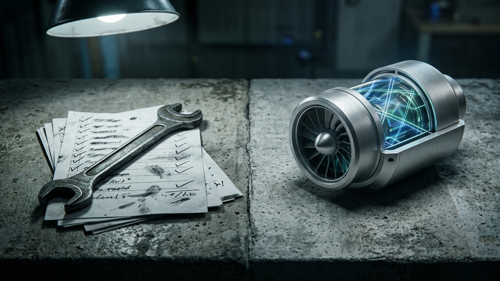 Manual wrench and checklist beside a self-running digital motor