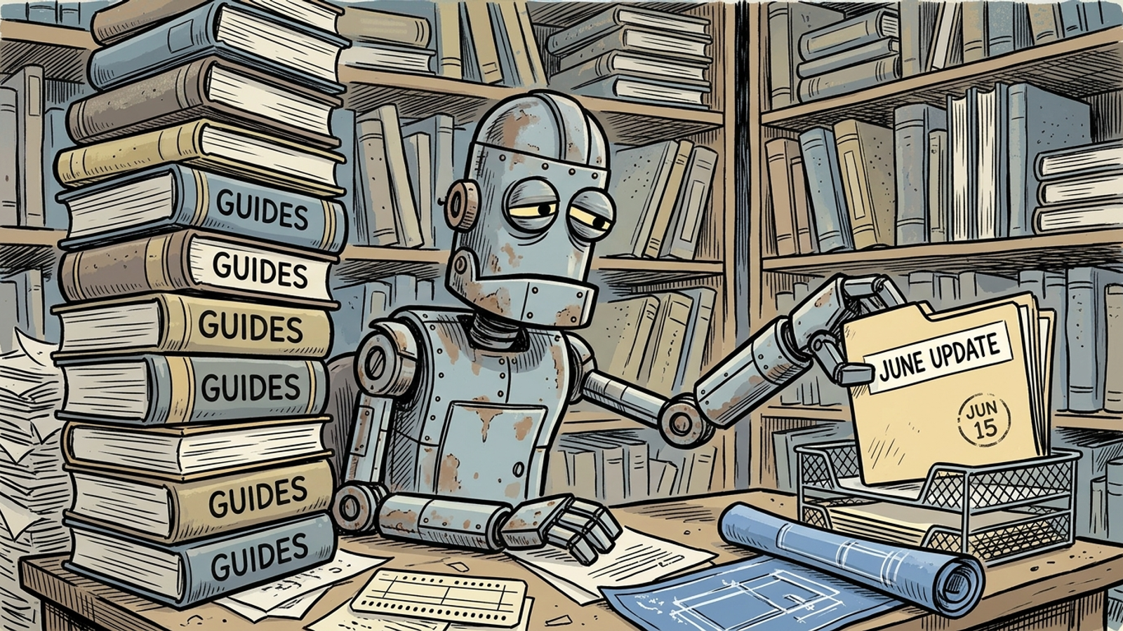 Cartoon of an AI robot librarian passing thick general textbooks to pull a thin dated memo from a shelf