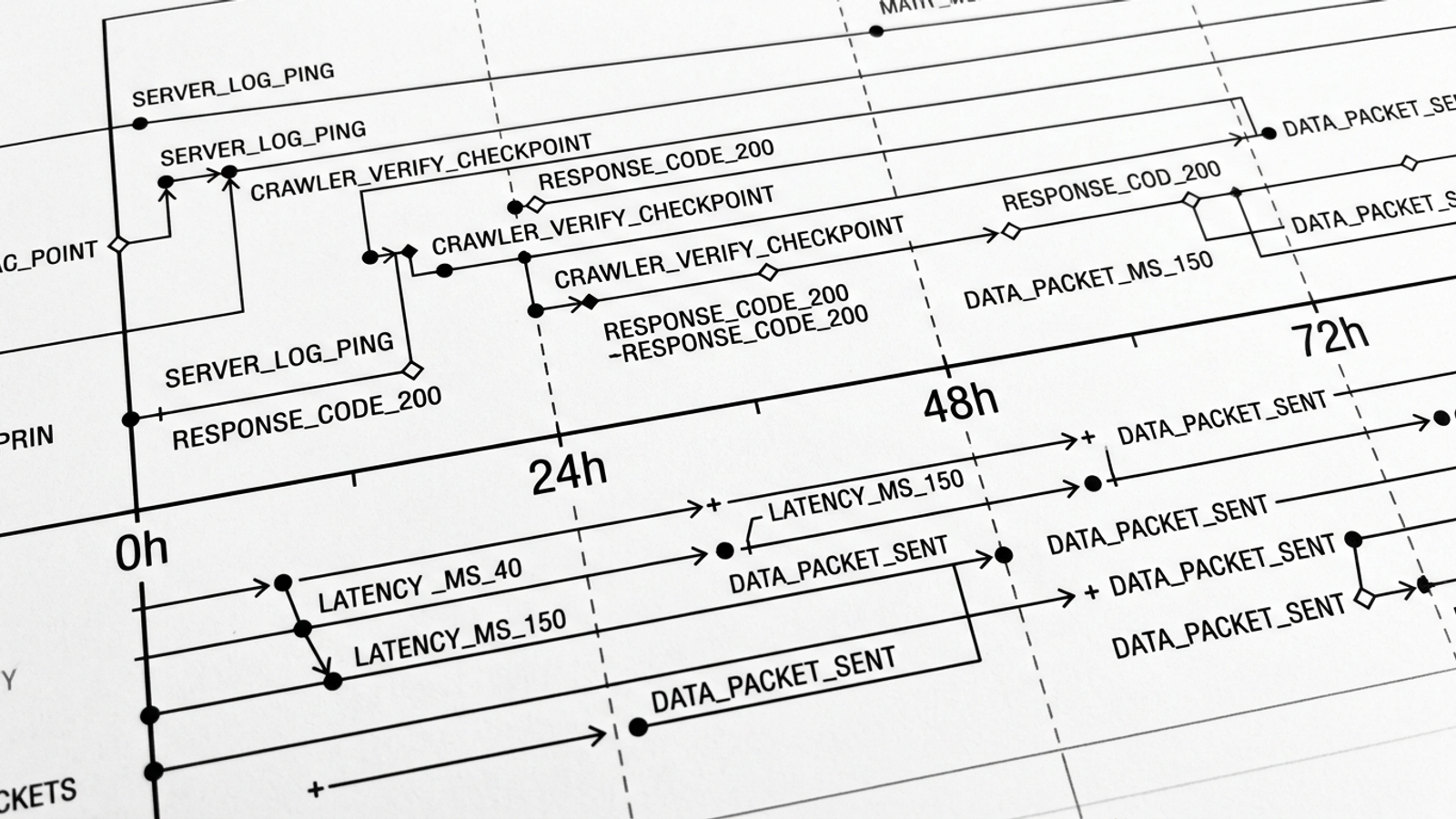 Technical diagram of a 72-hour timeline with crawler-log and citation checks