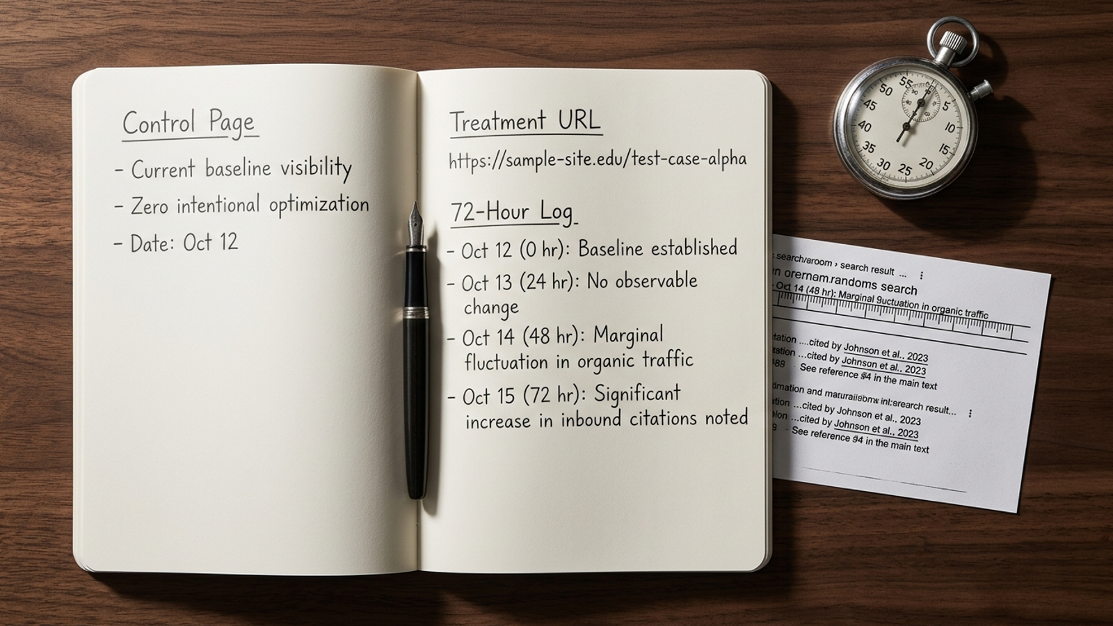 Laboratory notebook beside a stopwatch and a printout of search queries
