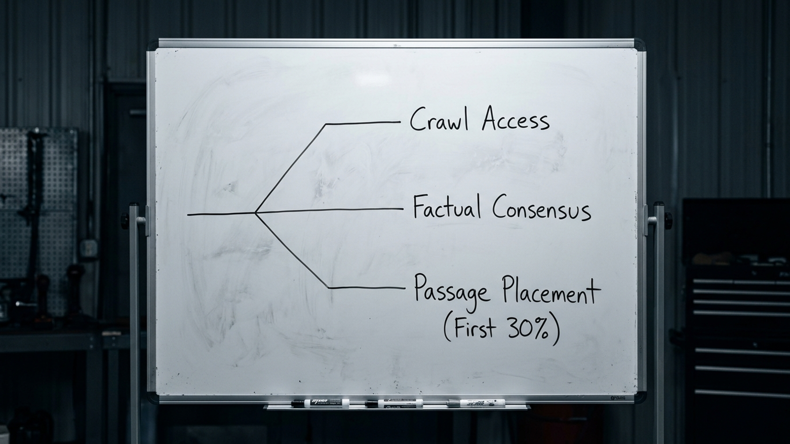 Hand-drawn decision tree with branches for crawl access, query fit, and answer clarity
