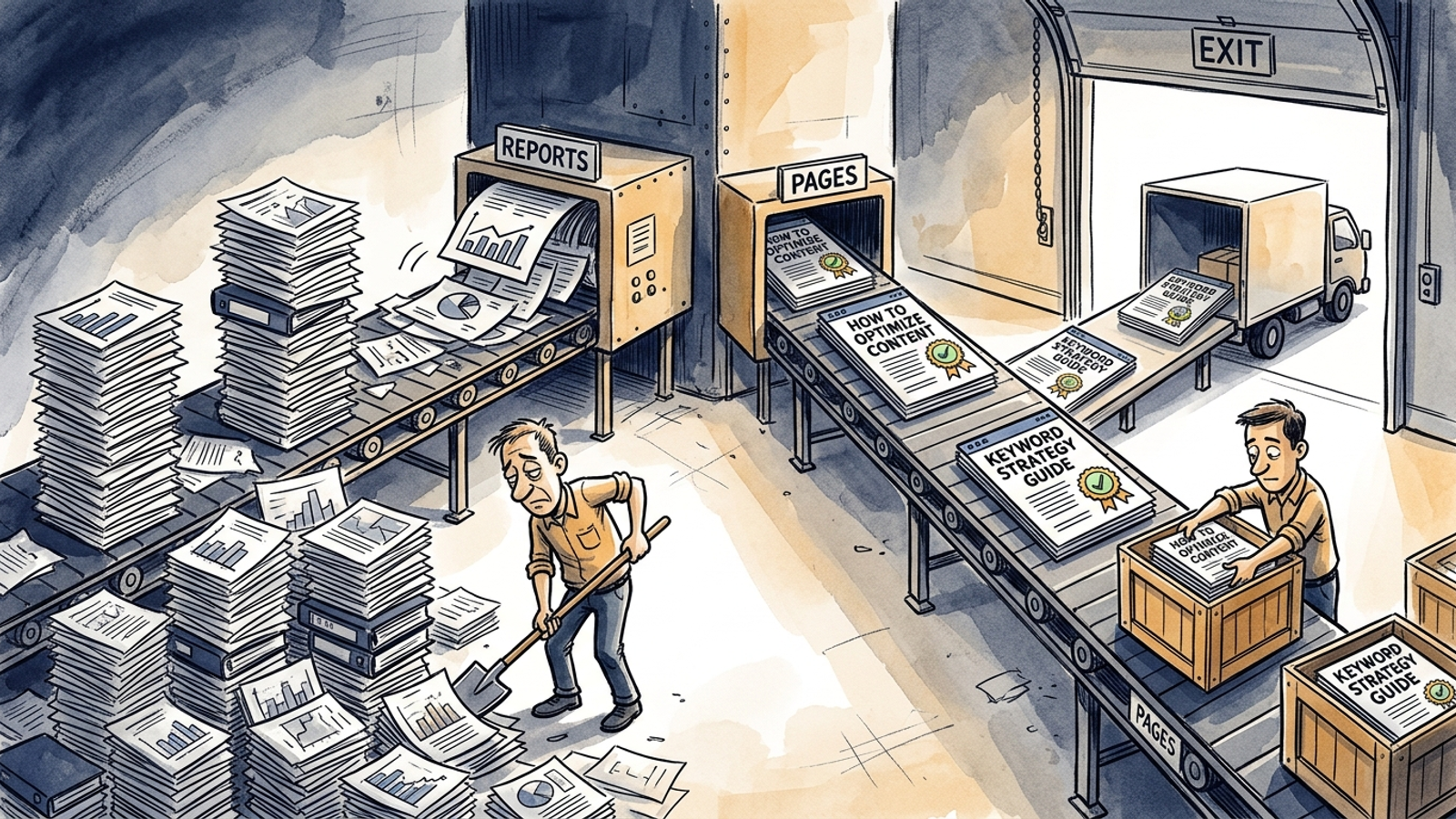 Cartoon of two factory lines, one printing reports and one publishing web pages