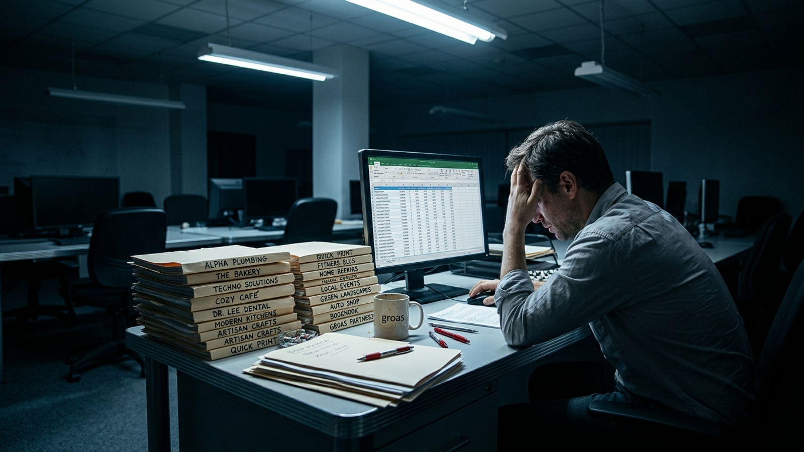 Agency desk at night with fifteen labeled client folders beside a lit monitor