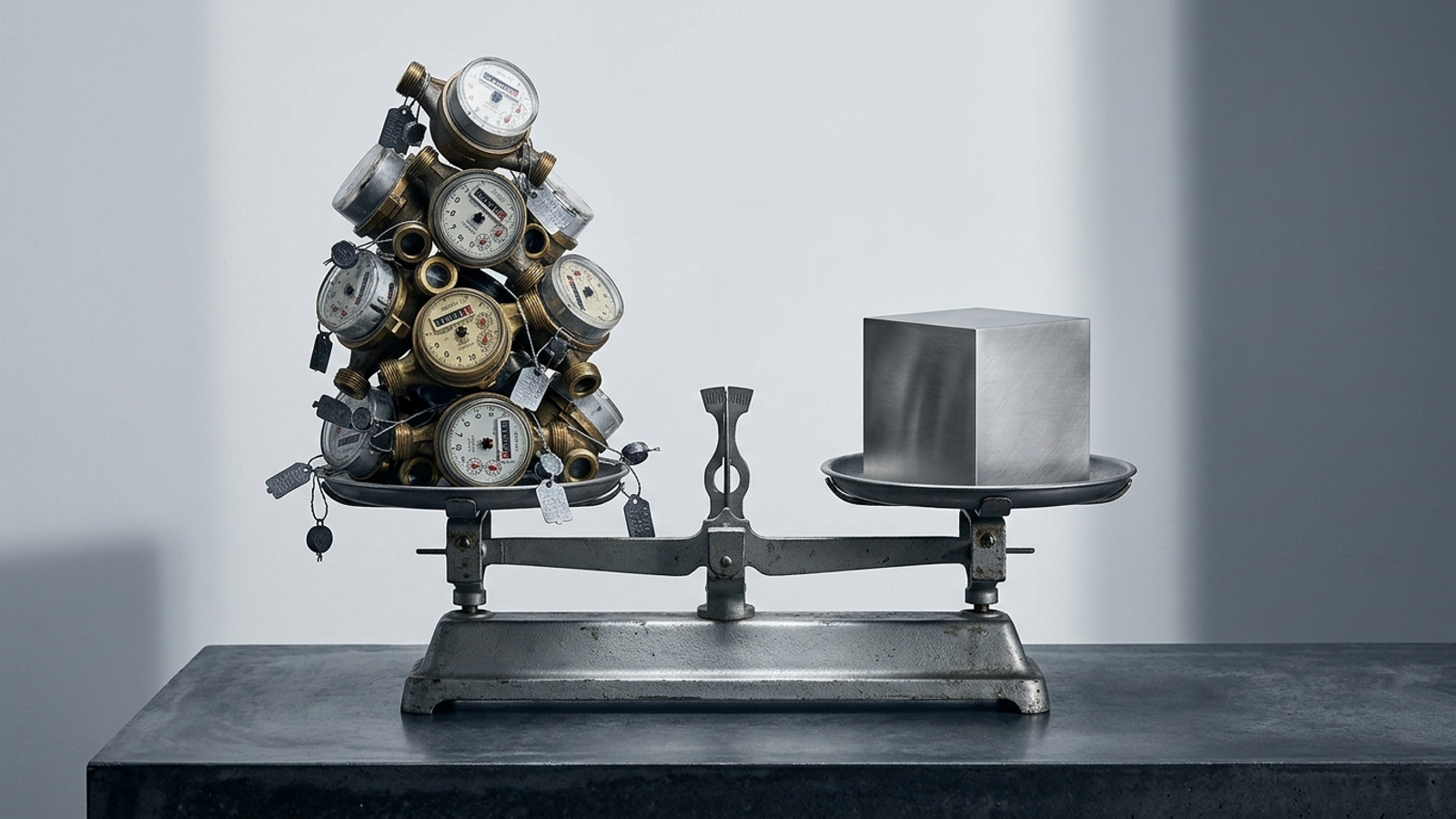 A balance scale holds a tower of mechanical meters opposite a single solid metal cube.