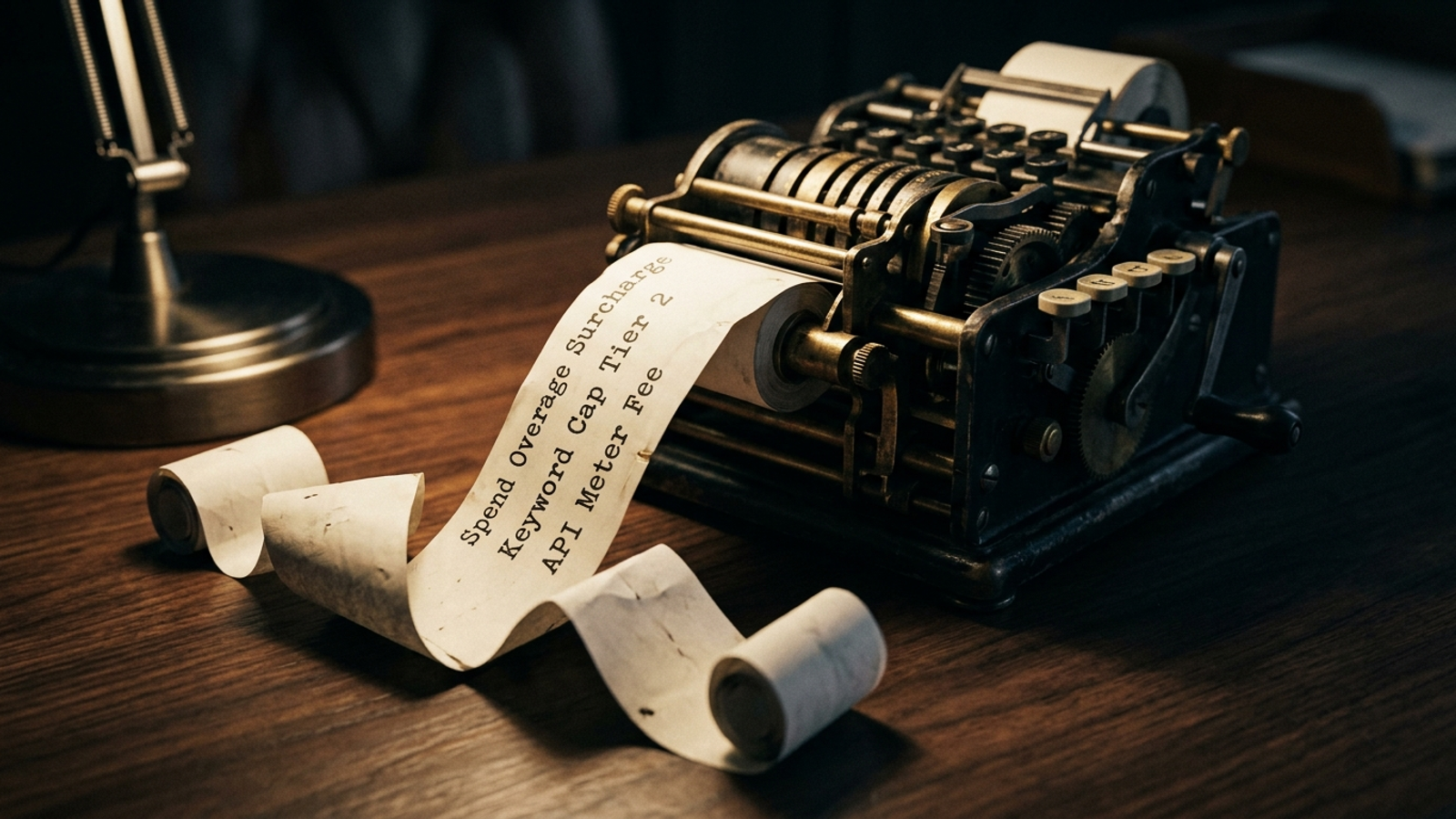 An industrial printing calculator produces a receipt crowded with itemized fees and surcharges.