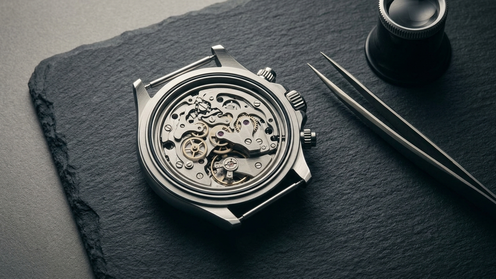 A disassembled wristwatch exposes missing gears and replacement parts on a watchmaker’s workbench.