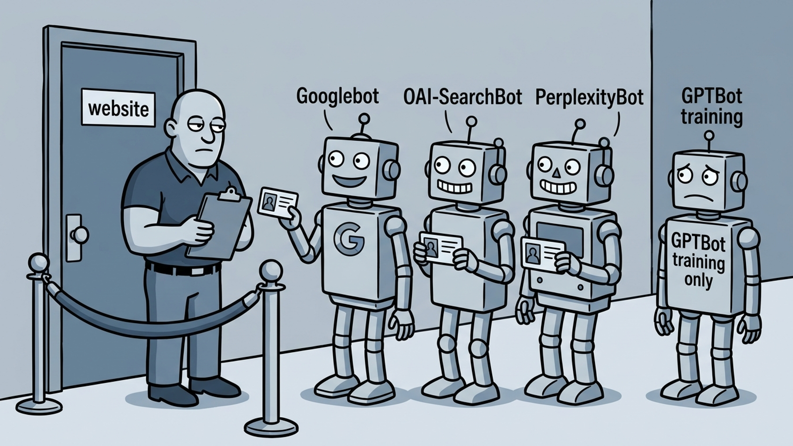 Cartoon bouncer checking IDs labeled Googlebot, OAI-SearchBot and PerplexityBot while turning away GPTBot