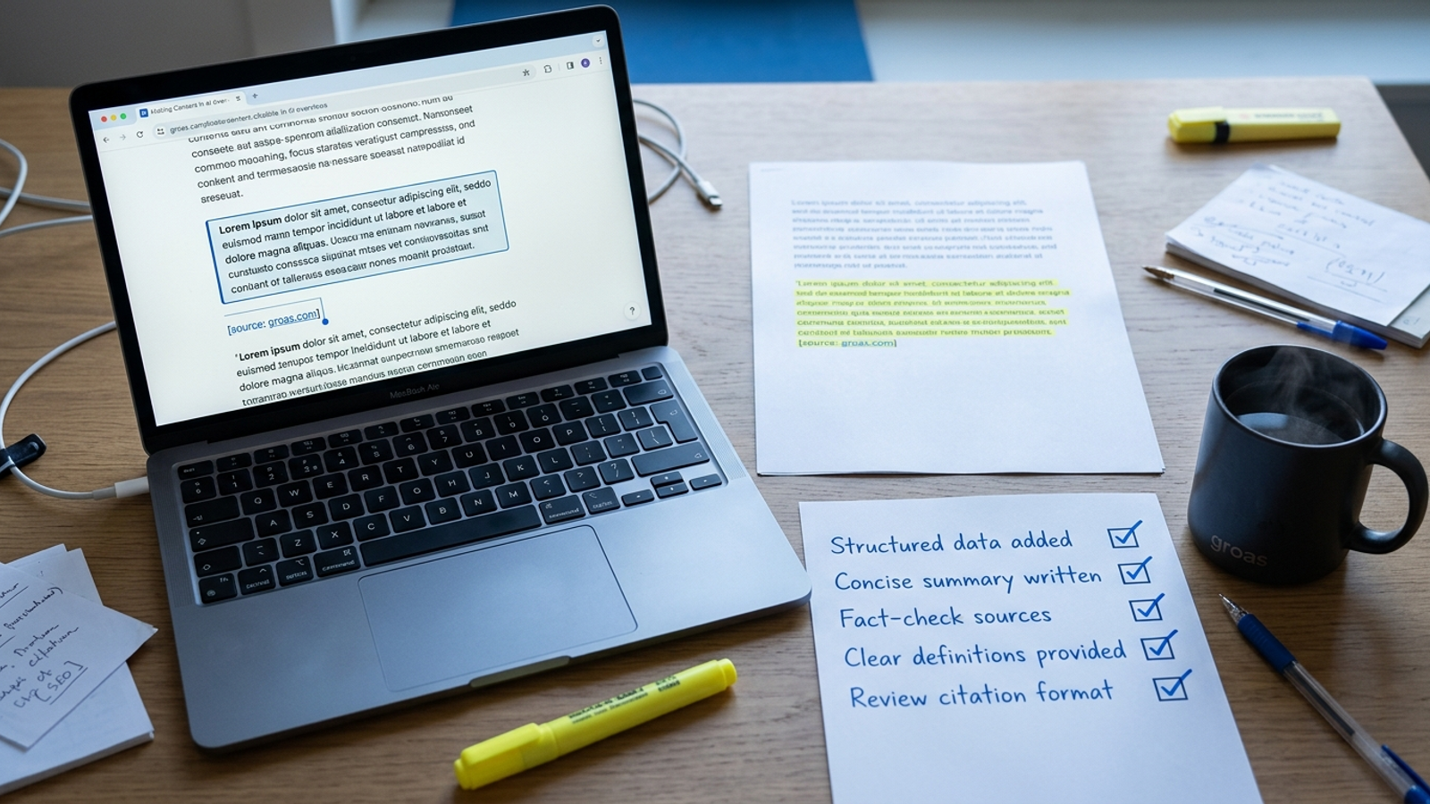 Overhead photo of desk with laptop showing a quoted answer, highlighter and checklist with one box ticked