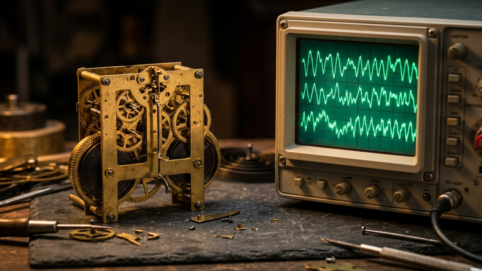 A brass clockwork mechanism beside an oscilloscope displaying changing green waves.