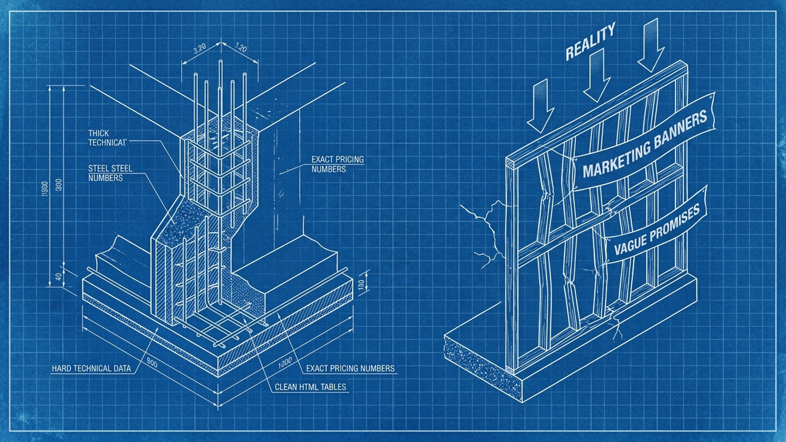 Blueprint cutaway contrasting a foundation of exact data with a hollow facade covered in marketing banners.