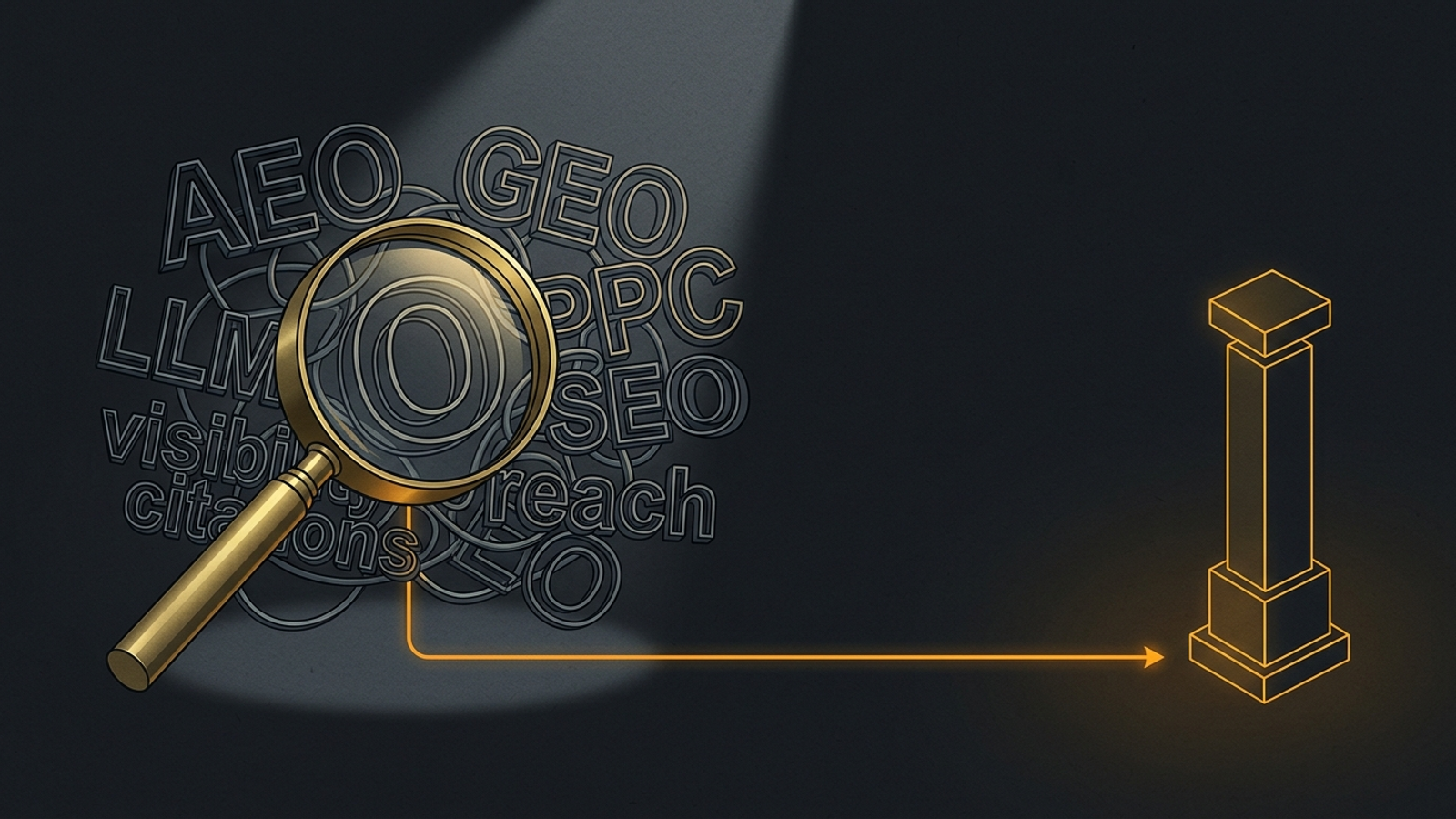 Editorial illustration of a magnifying glass separating tangled buzzwords from a line leading to attributed revenue.