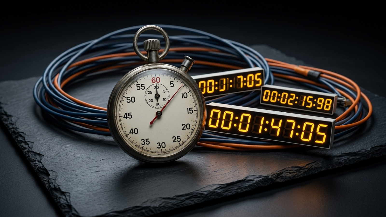 An analog clock tangled with stopwatch wires beside digital readouts showing different times