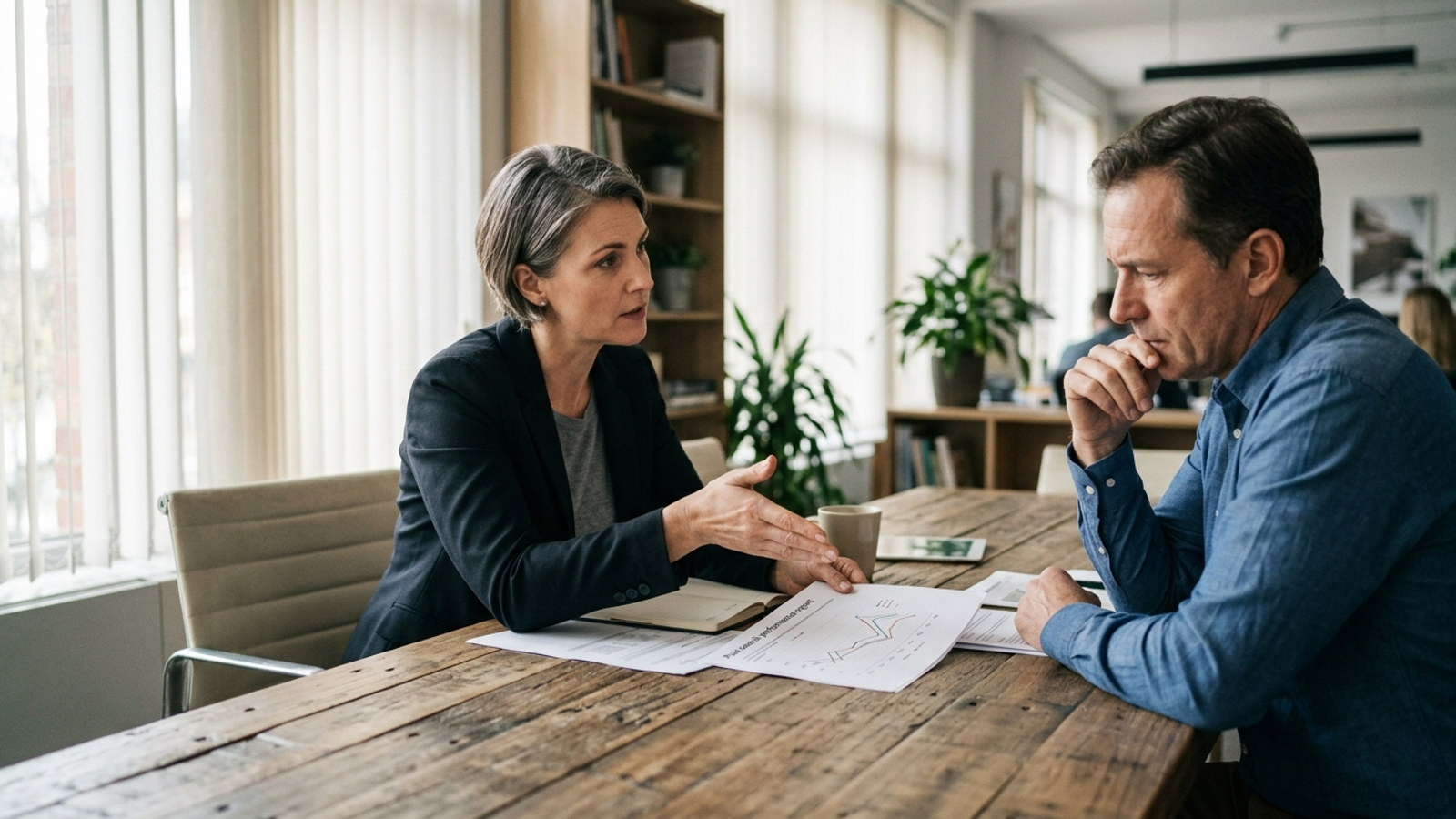An agency strategist and business owner review ad performance charts in a conference room.