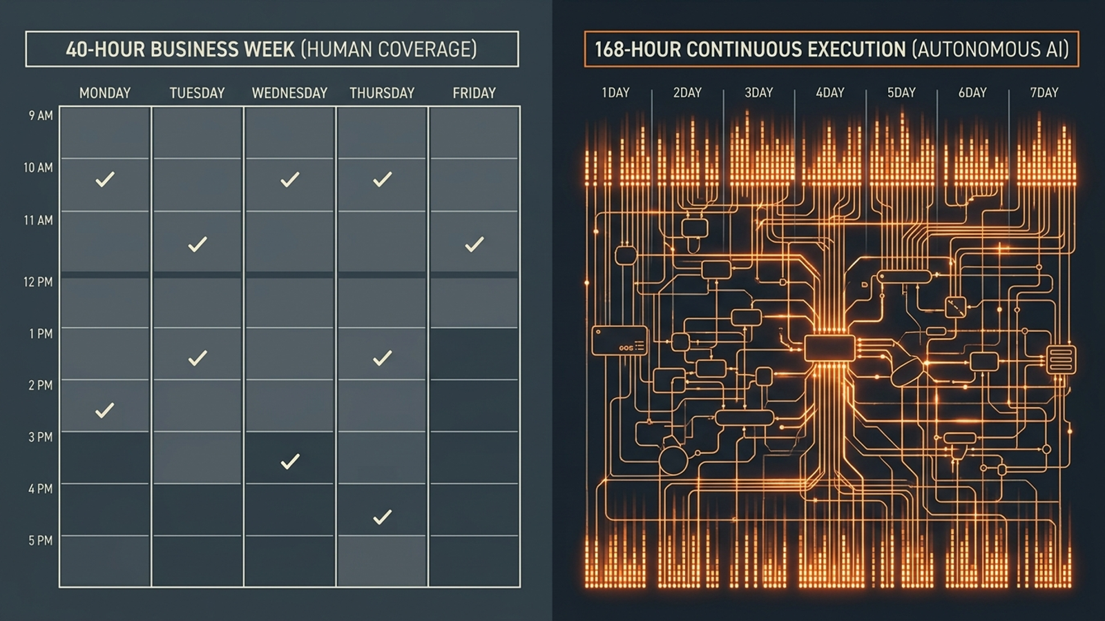 A diagram contrasts human business hours with continuous machine execution across ad auctions.