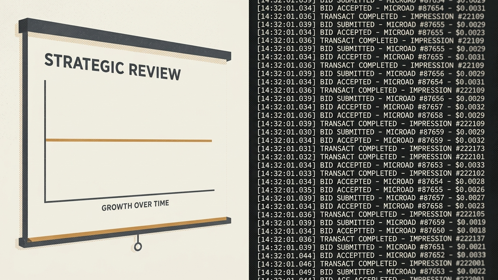 An illustration contrasts an agency presentation deck with an automated action log.