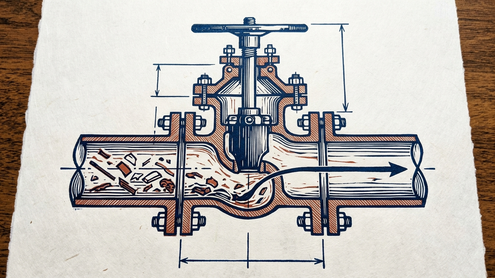 An industrial gate valve closing across a waste pipeline.