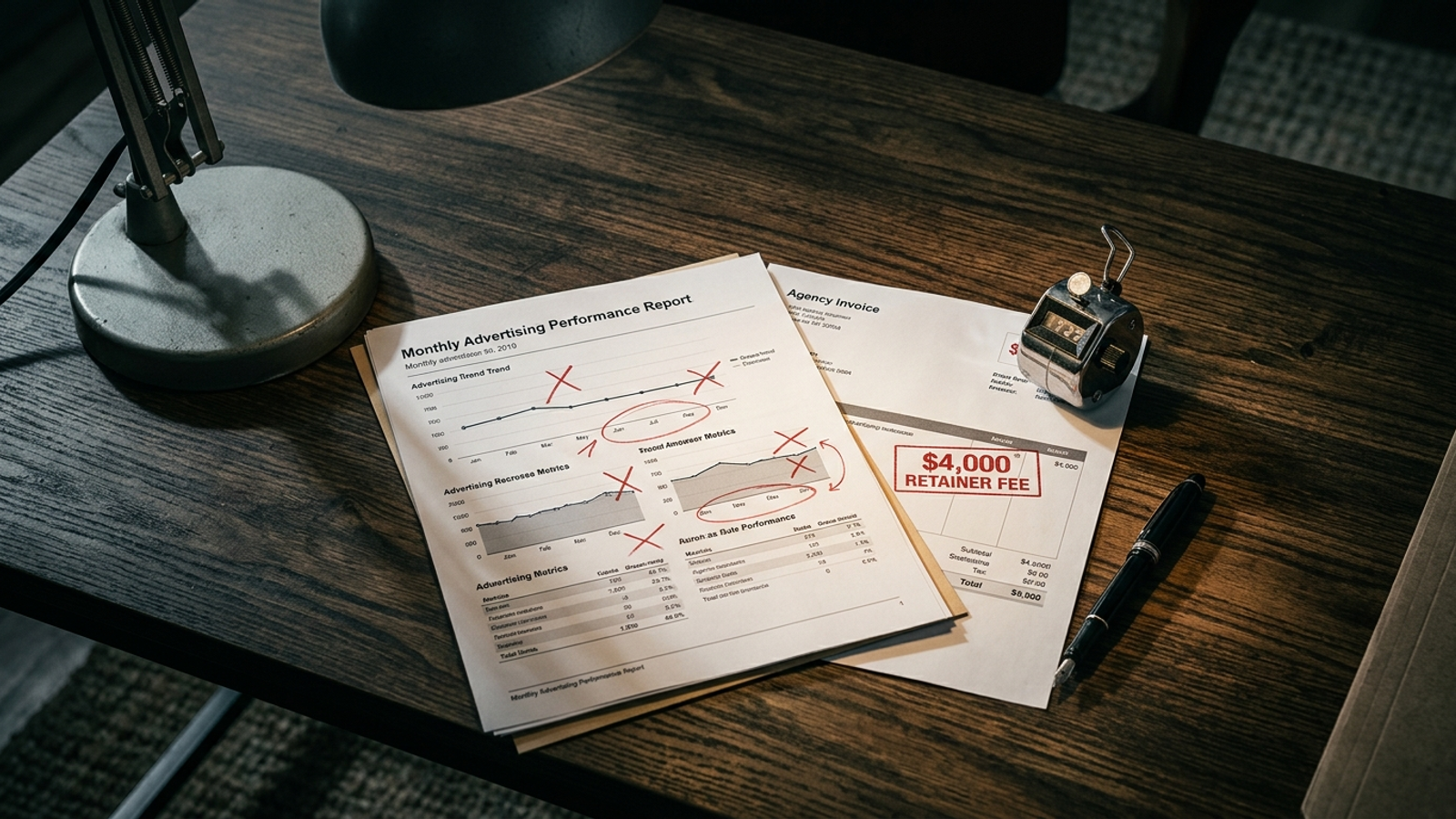 An agency invoice beside an ad performance report marked in red pencil.