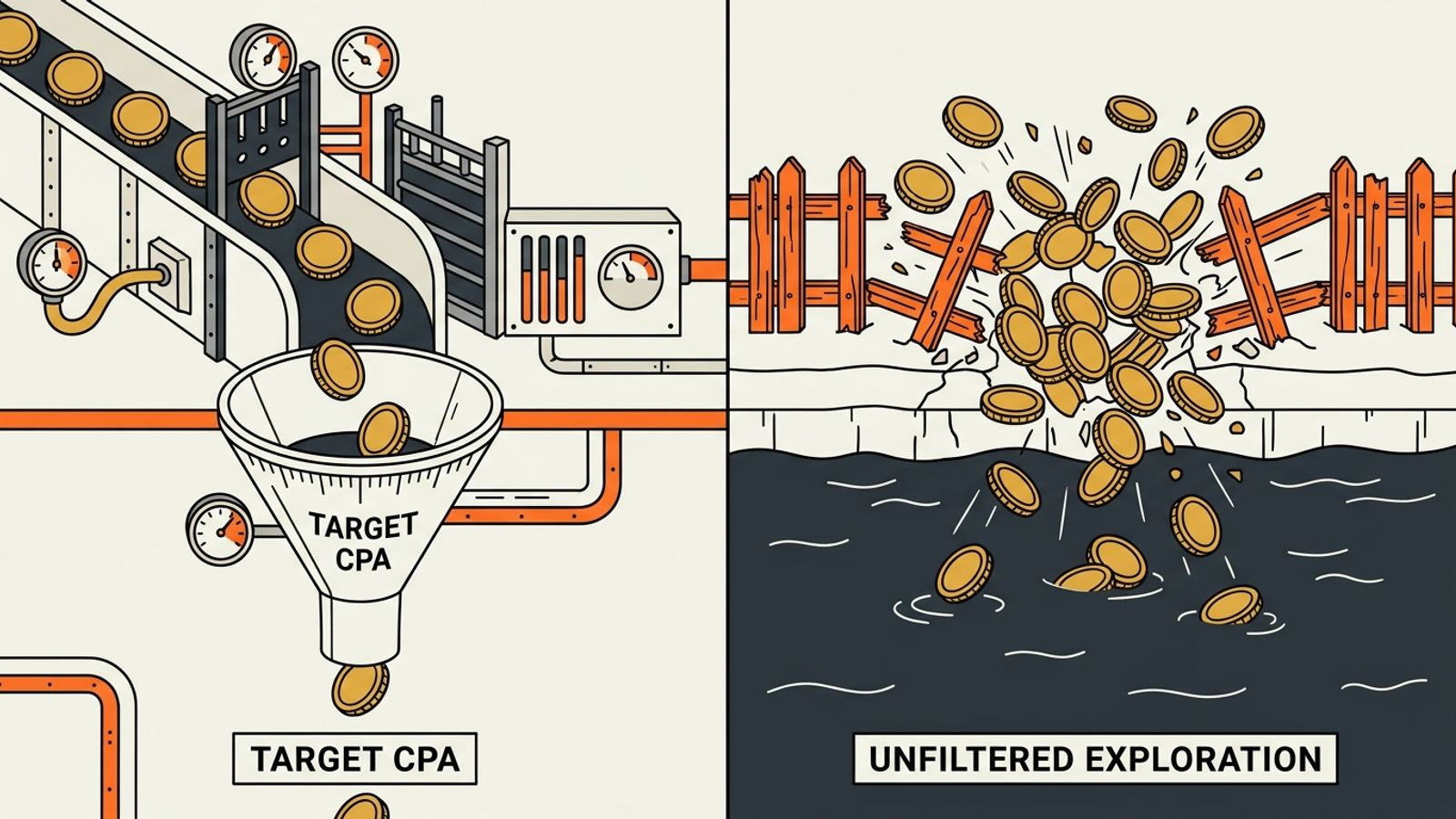 Split ad budgets: one constrained by barriers, the other spilling into waste.