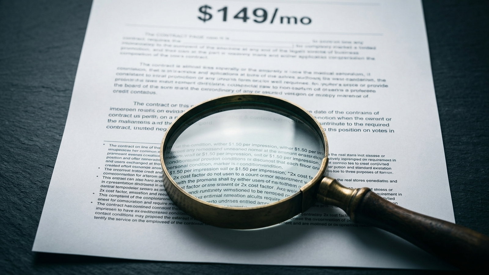 Magnifying glass over a pricing footnote beneath a bold flat monthly rate