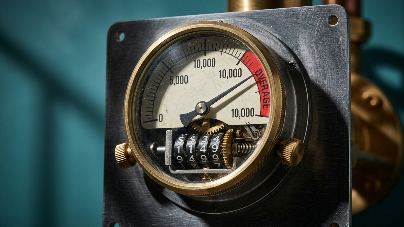 Pressure gauge with its needle in a red overage zone beside an escalating cost counter