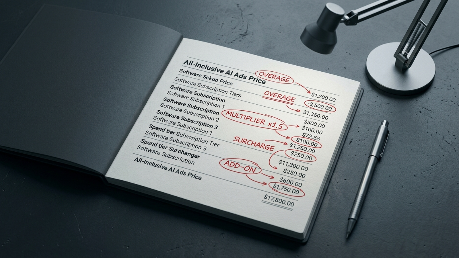 Financial ledger with separate marks for software add-ons and operator time