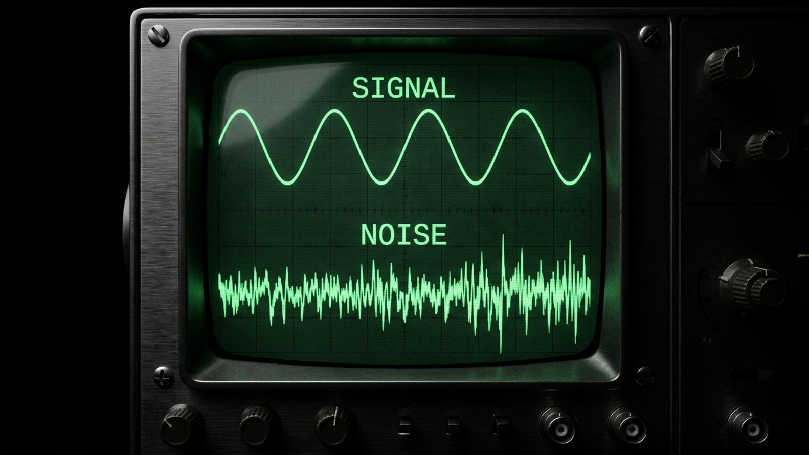 An oscilloscope screen showing a steady calibration signal beside turbulent static.