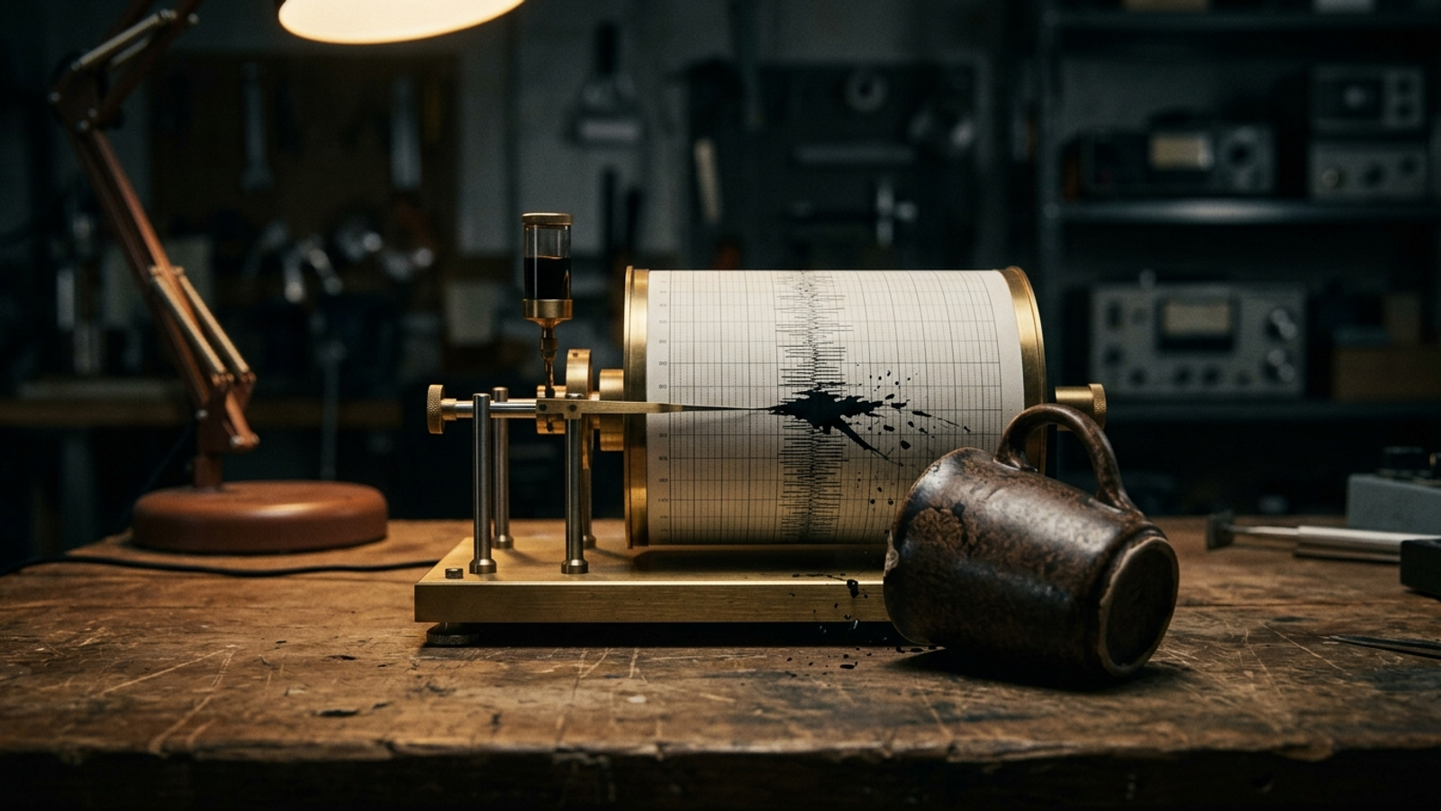A seismograph needle tracing a steady line until a coffee mug hits the desk.