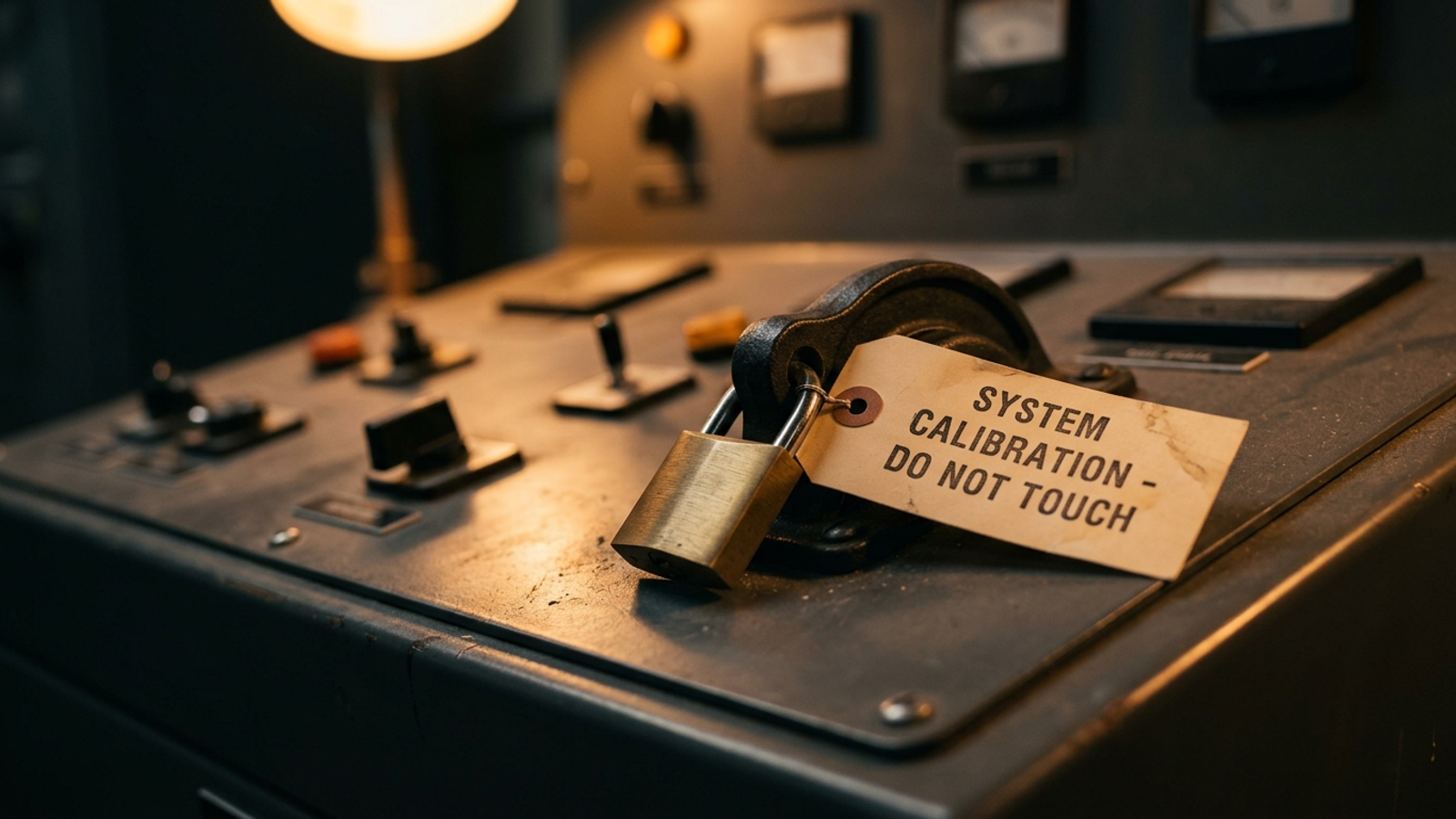 An industrial control lever secured with a lockout tag and brass padlock.