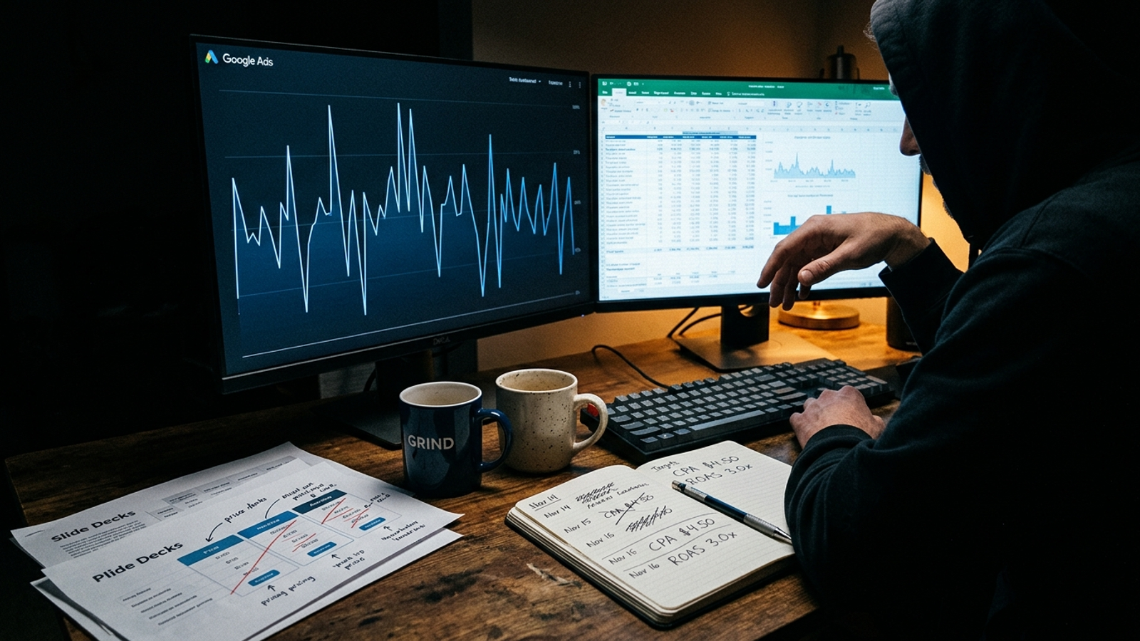 A marketer’s desk at night, with jagged performance charts beside printouts of changing SaaS pricing tiers.