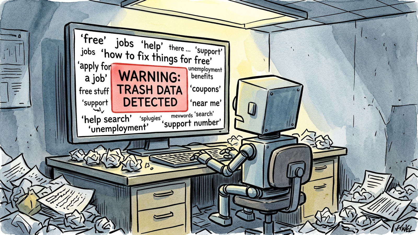 Cartoon robot studying irrelevant clicks in a Google Ads account
