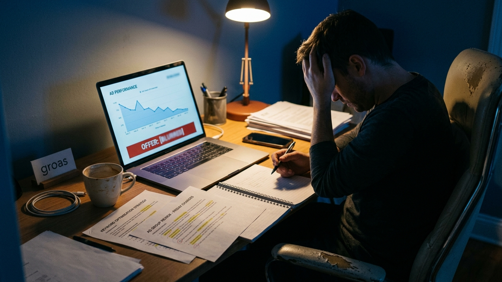 A desk at night with a laptop showing a falling performance graph