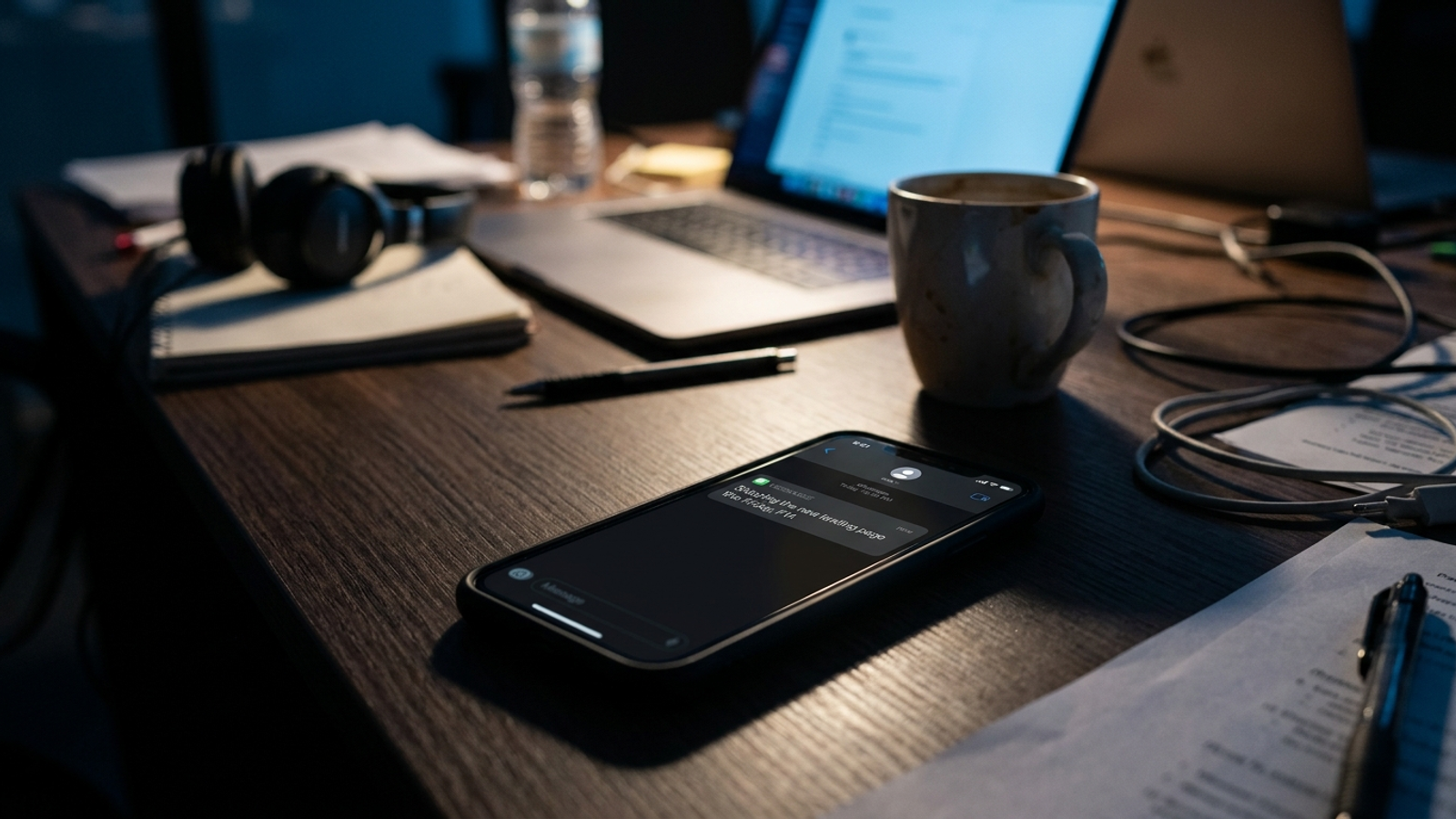 An office phone lighting up with a late message about a Friday site change