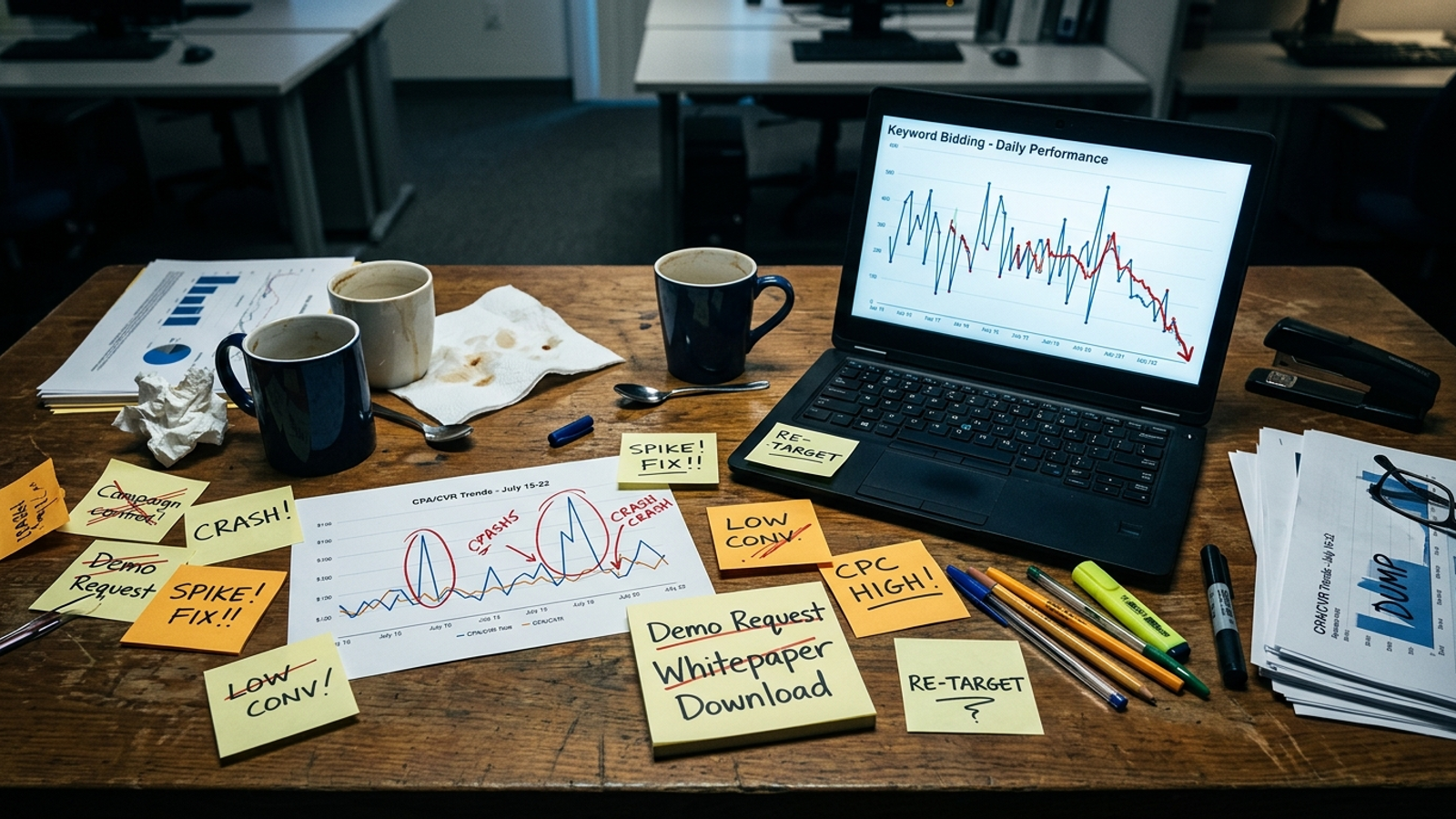 Campaign notes and conversion graphs scattered across an office desk.