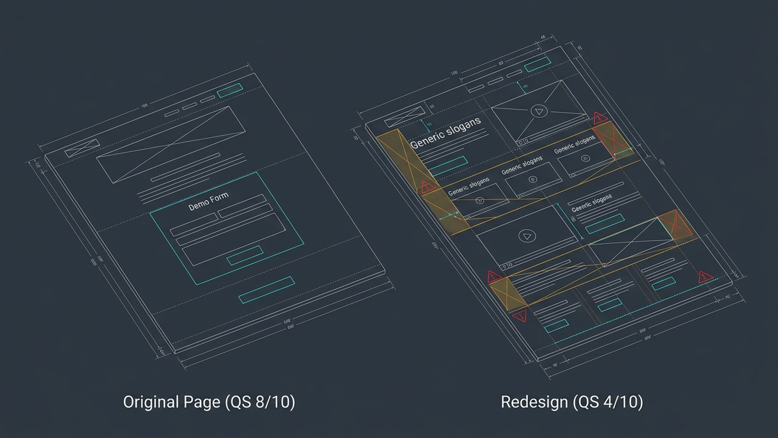 A focused landing page beside a cluttered redesign with weaker performance metrics.