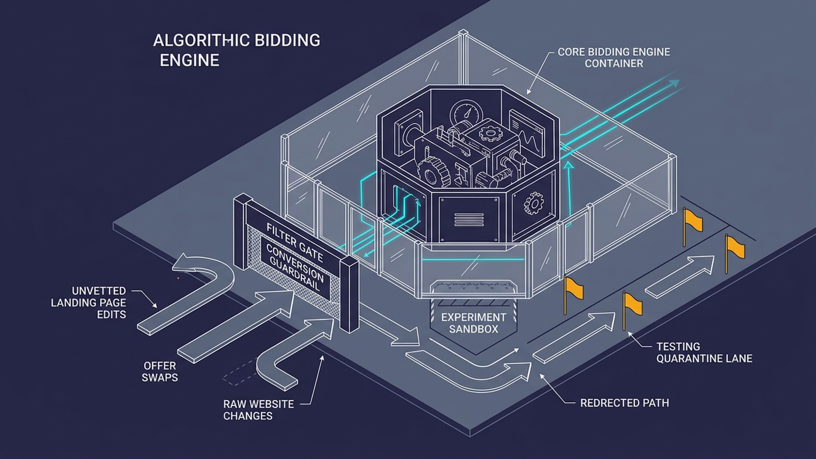 Ad auction bidding engine shown behind operational guardrails and change controls.
