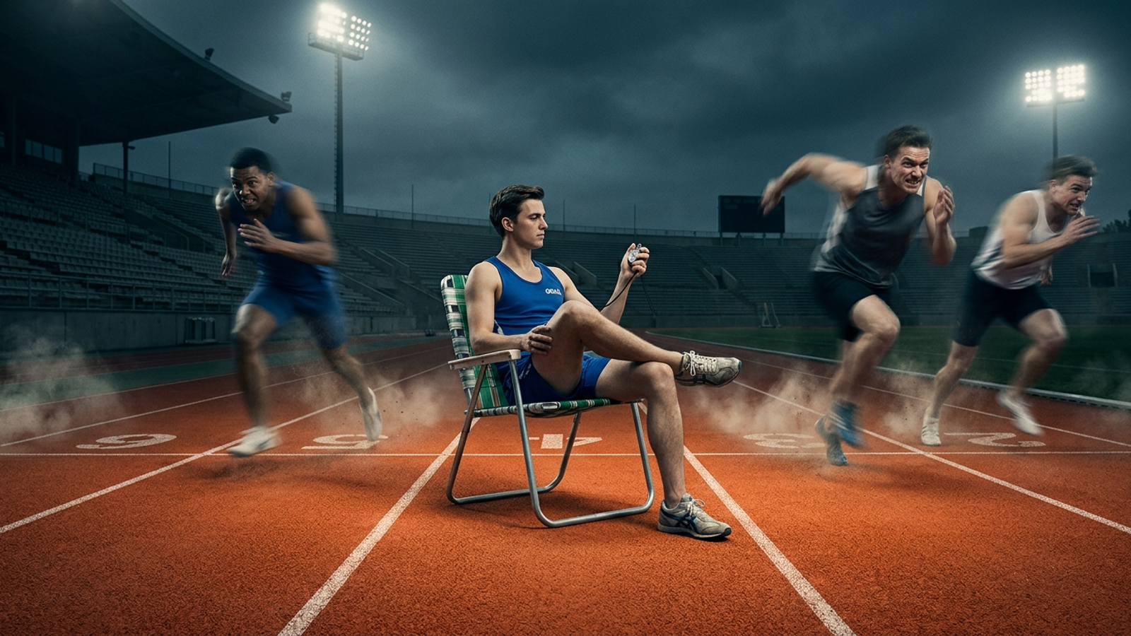 A sprinter sits in a lawn chair on a running track while other runners pass.