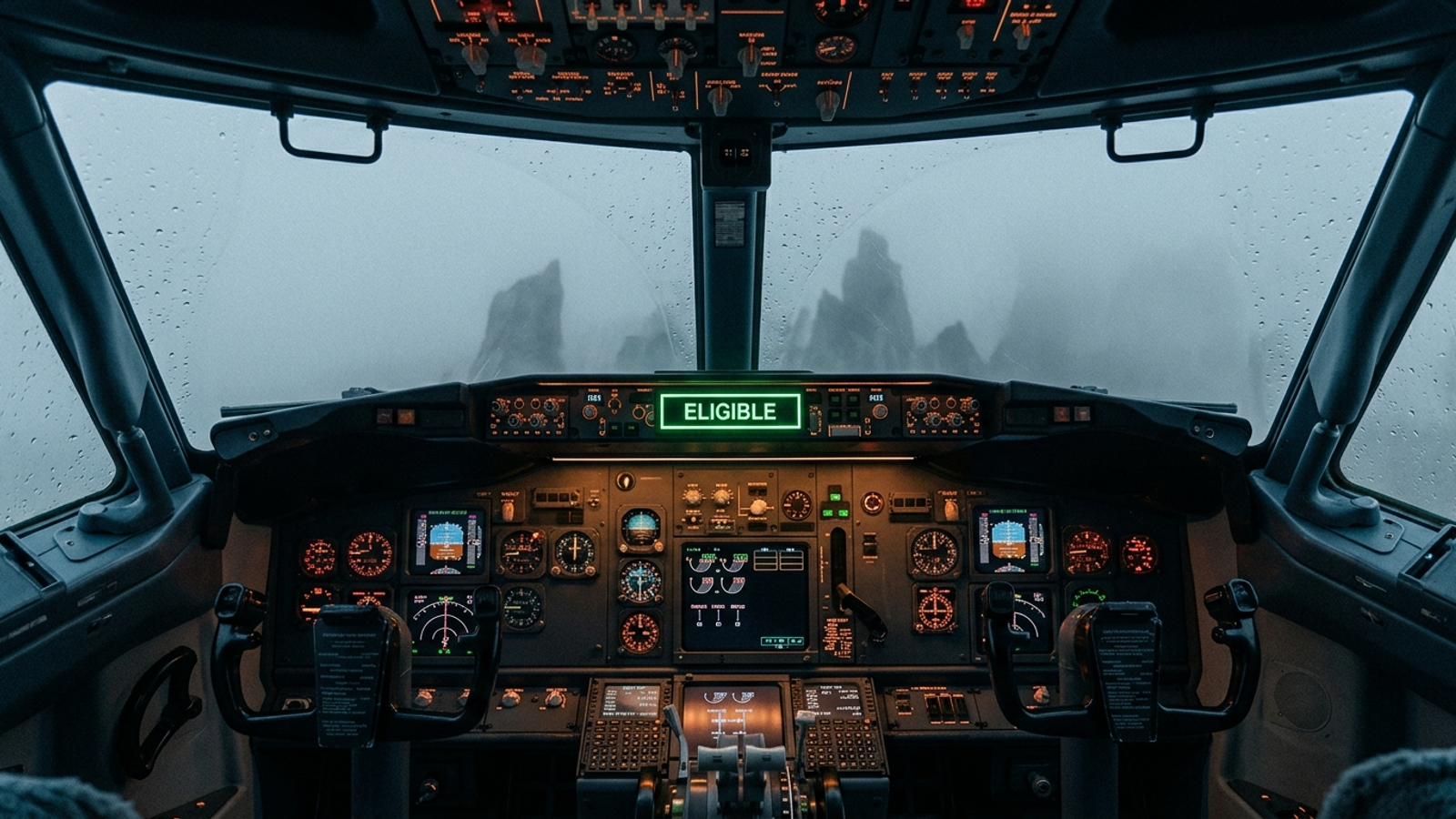 A cockpit shows a green Eligible indicator while dense mountain fog fills the view ahead.