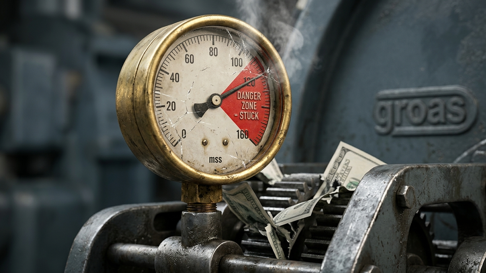 A pressure gauge sits in the red as steam escapes and money spills from its fittings.